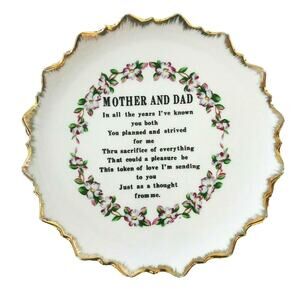 Tribute to Mother Dad Floral Plate Wall Hanging 7" VTG Retro Parent Gift Poem